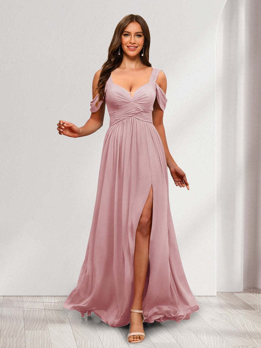 A Line Cold Shoulder Split Side Ruched Floor Length Chiffon Bridesmaid Dresses