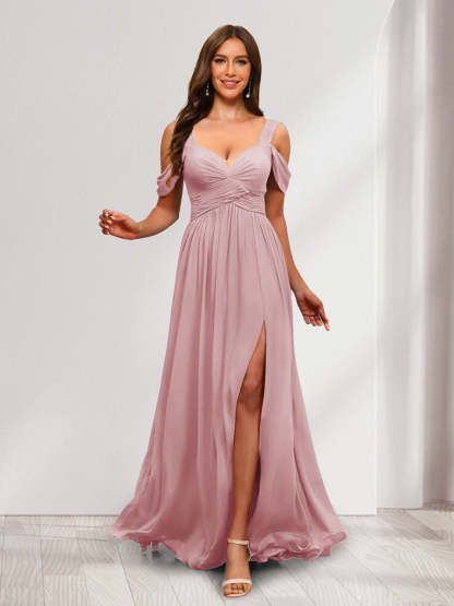 A Line Cold Shoulder Split Side Ruched Floor Length Chiffon Bridesmaid Dresses