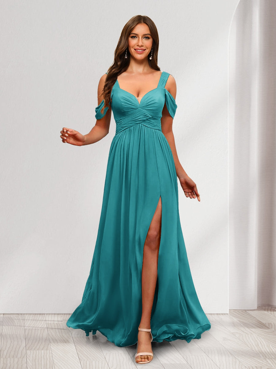 A Line Cold Shoulder Split Side Ruched Floor Length Chiffon Bridesmaid Dresses