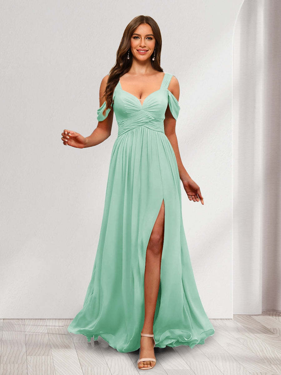 A Line Cold Shoulder Split Side Ruched Floor Length Chiffon Bridesmaid Dresses