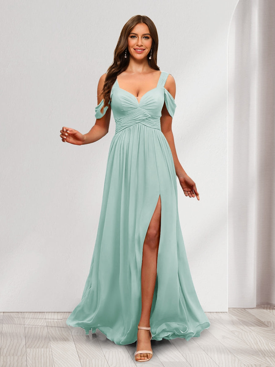 A Line Cold Shoulder Split Side Ruched Floor Length Chiffon Bridesmaid Dresses