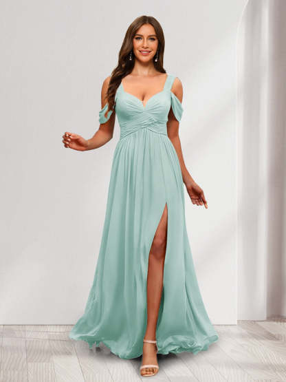 A Line Cold Shoulder Split Side Ruched Floor Length Chiffon Bridesmaid Dresses