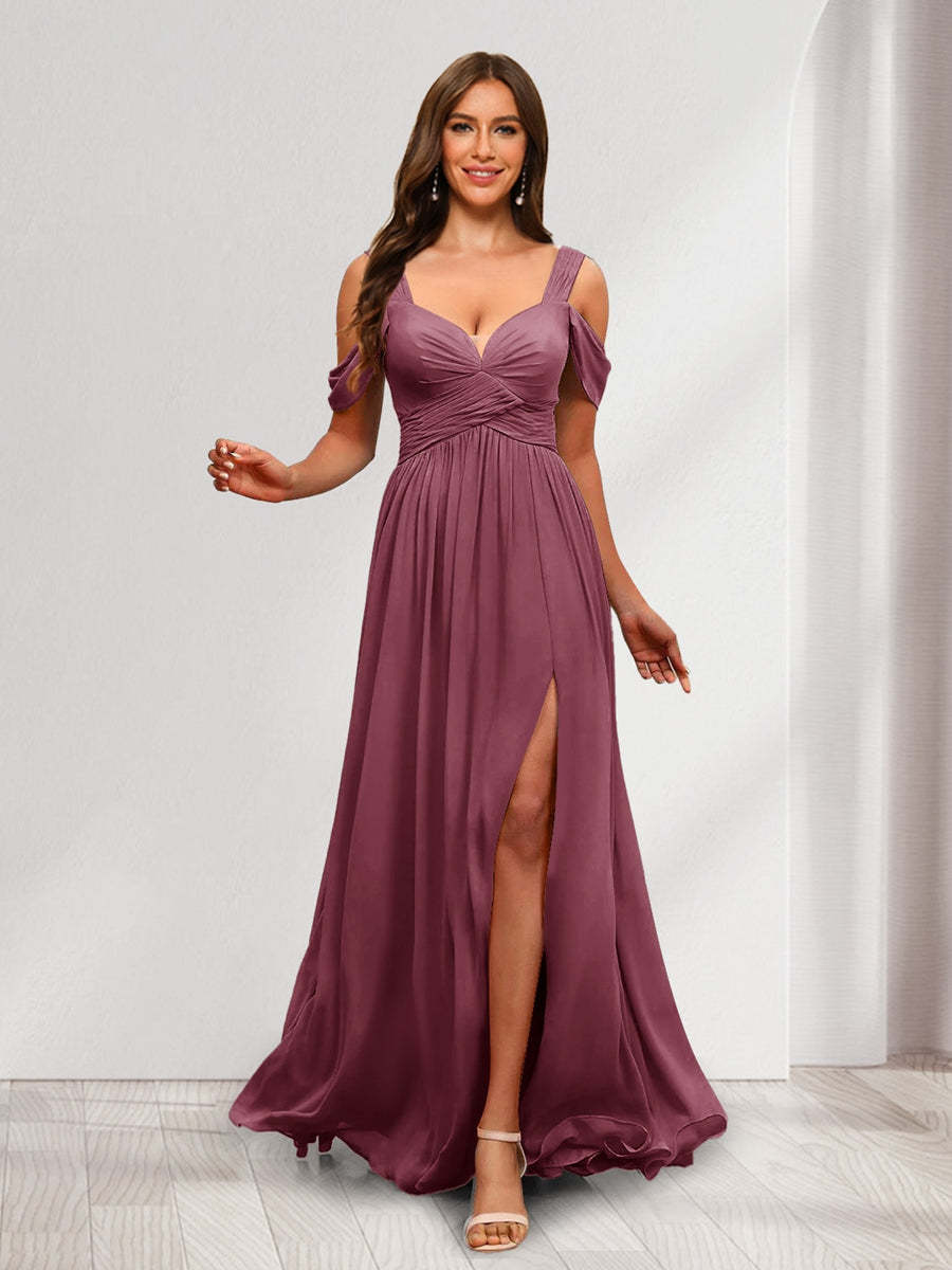 A Line Cold Shoulder Split Side Ruched Floor Length Chiffon Bridesmaid Dresses