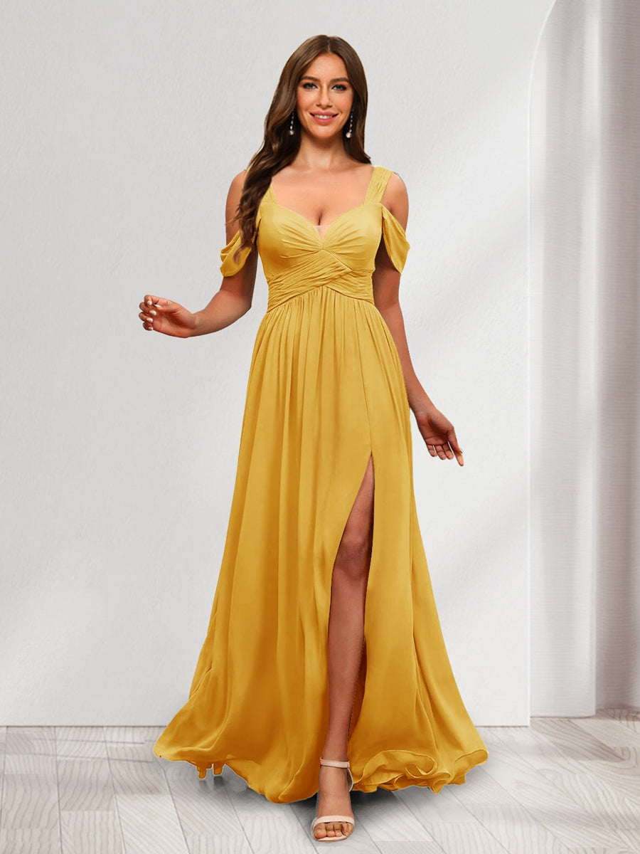 A Line Cold Shoulder Split Side Ruched Floor Length Chiffon Bridesmaid Dresses