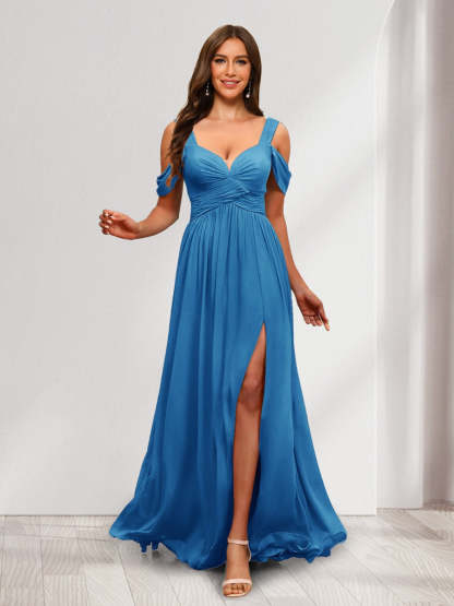 A Line Cold Shoulder Split Side Ruched Floor Length Chiffon Bridesmaid Dresses