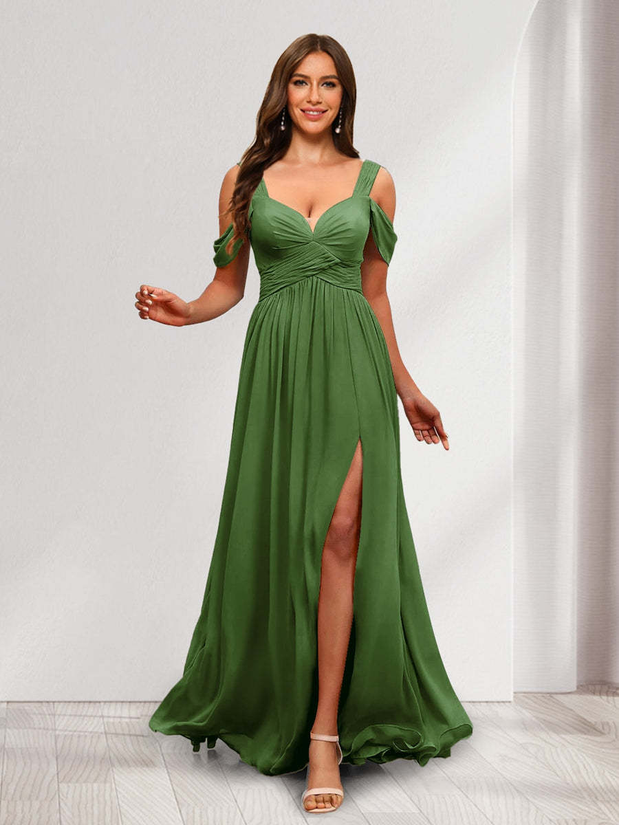 A Line Cold Shoulder Split Side Ruched Floor Length Chiffon Bridesmaid Dresses