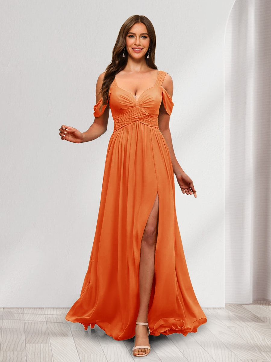 A Line Cold Shoulder Split Side Ruched Floor Length Chiffon Bridesmaid Dresses