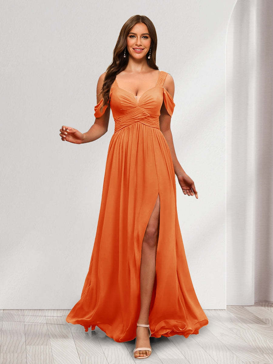 A Line Cold Shoulder Split Side Ruched Floor Length Chiffon Bridesmaid Dresses