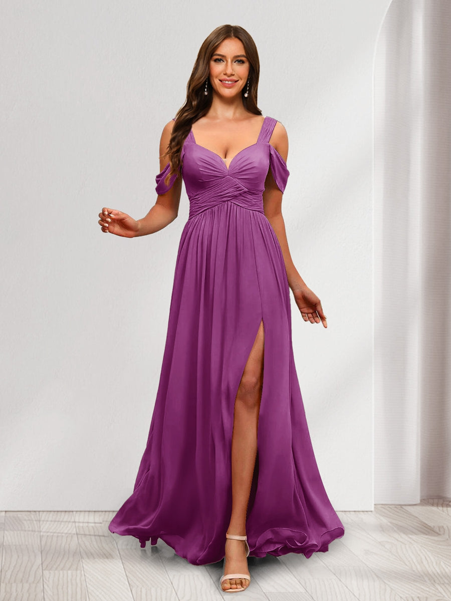 A Line Cold Shoulder Split Side Ruched Floor Length Chiffon Bridesmaid Dresses