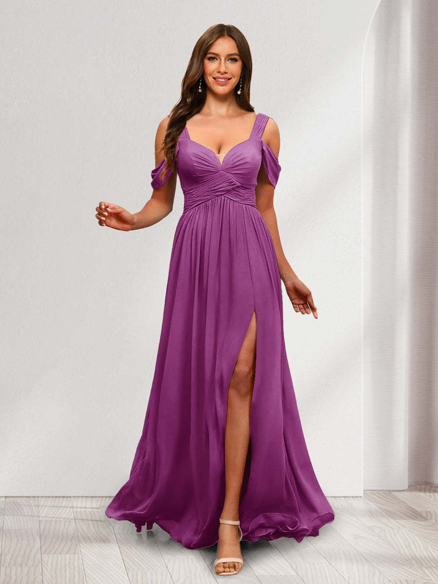 A Line Cold Shoulder Split Side Ruched Floor Length Chiffon Bridesmaid Dresses