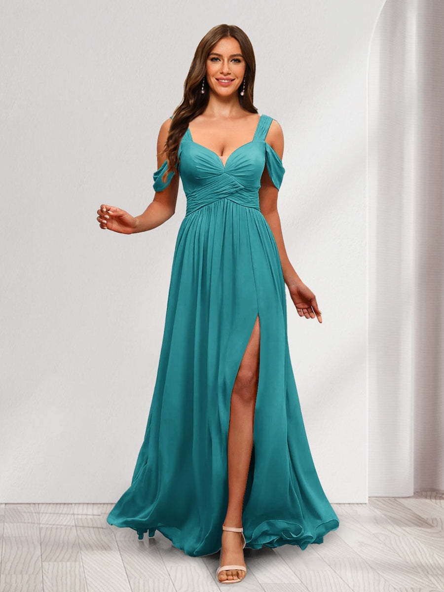 A Line Cold Shoulder Split Side Ruched Floor Length Chiffon Bridesmaid Dresses