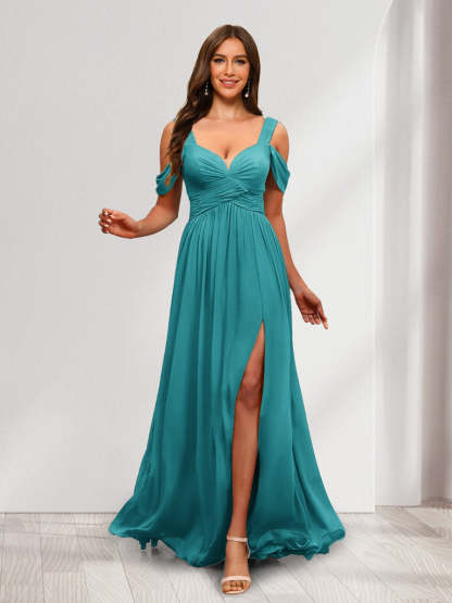 A Line Cold Shoulder Split Side Ruched Floor Length Chiffon Bridesmaid Dresses