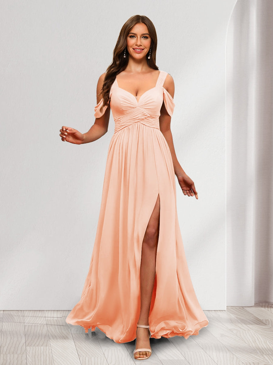 A Line Cold Shoulder Split Side Ruched Floor Length Chiffon Bridesmaid Dresses