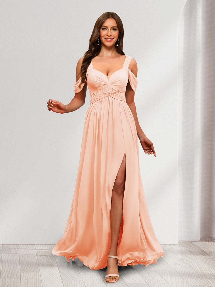 A Line Cold Shoulder Split Side Ruched Floor Length Chiffon Bridesmaid Dresses