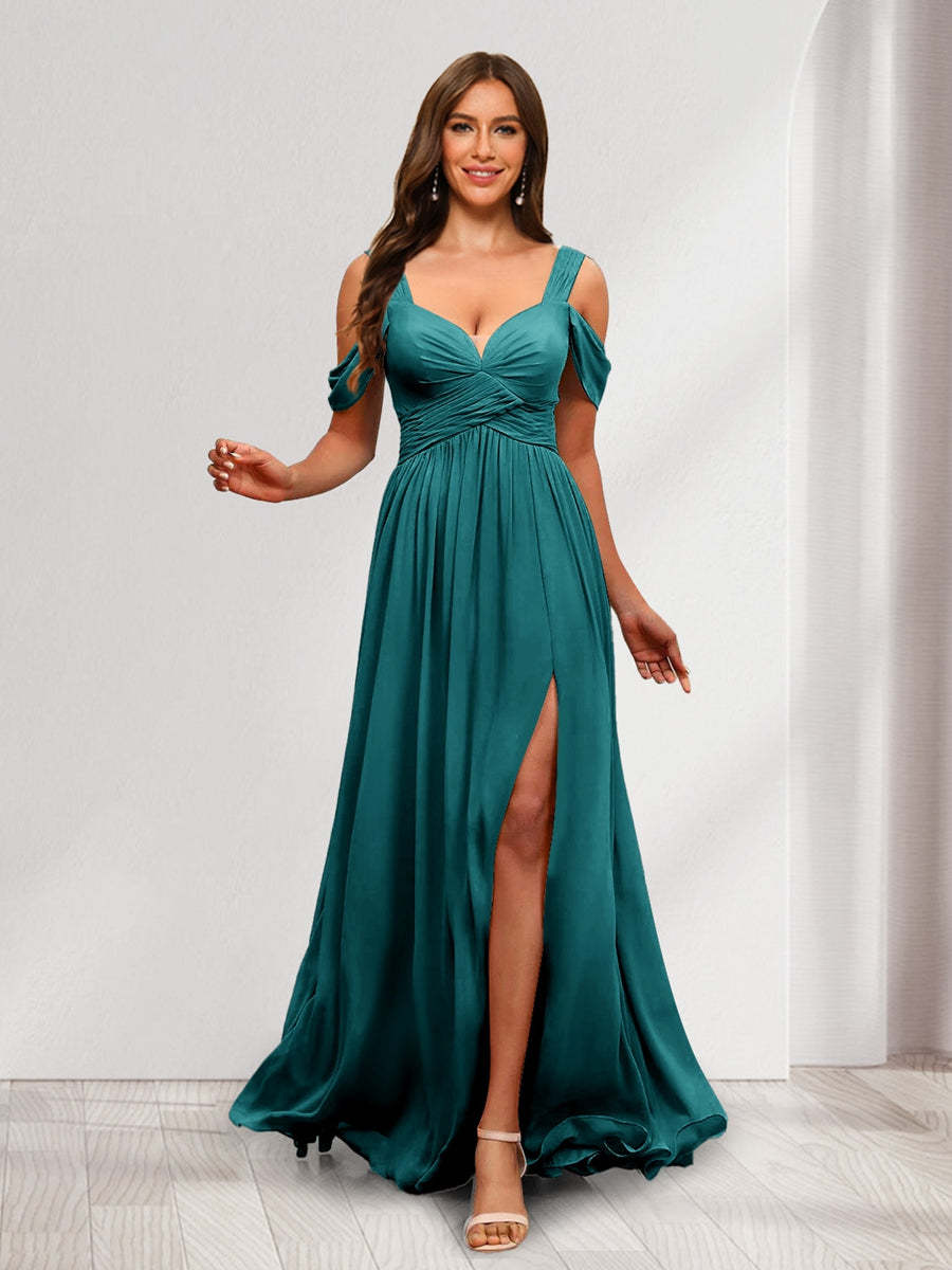 A Line Cold Shoulder Split Side Ruched Floor Length Chiffon Bridesmaid Dresses