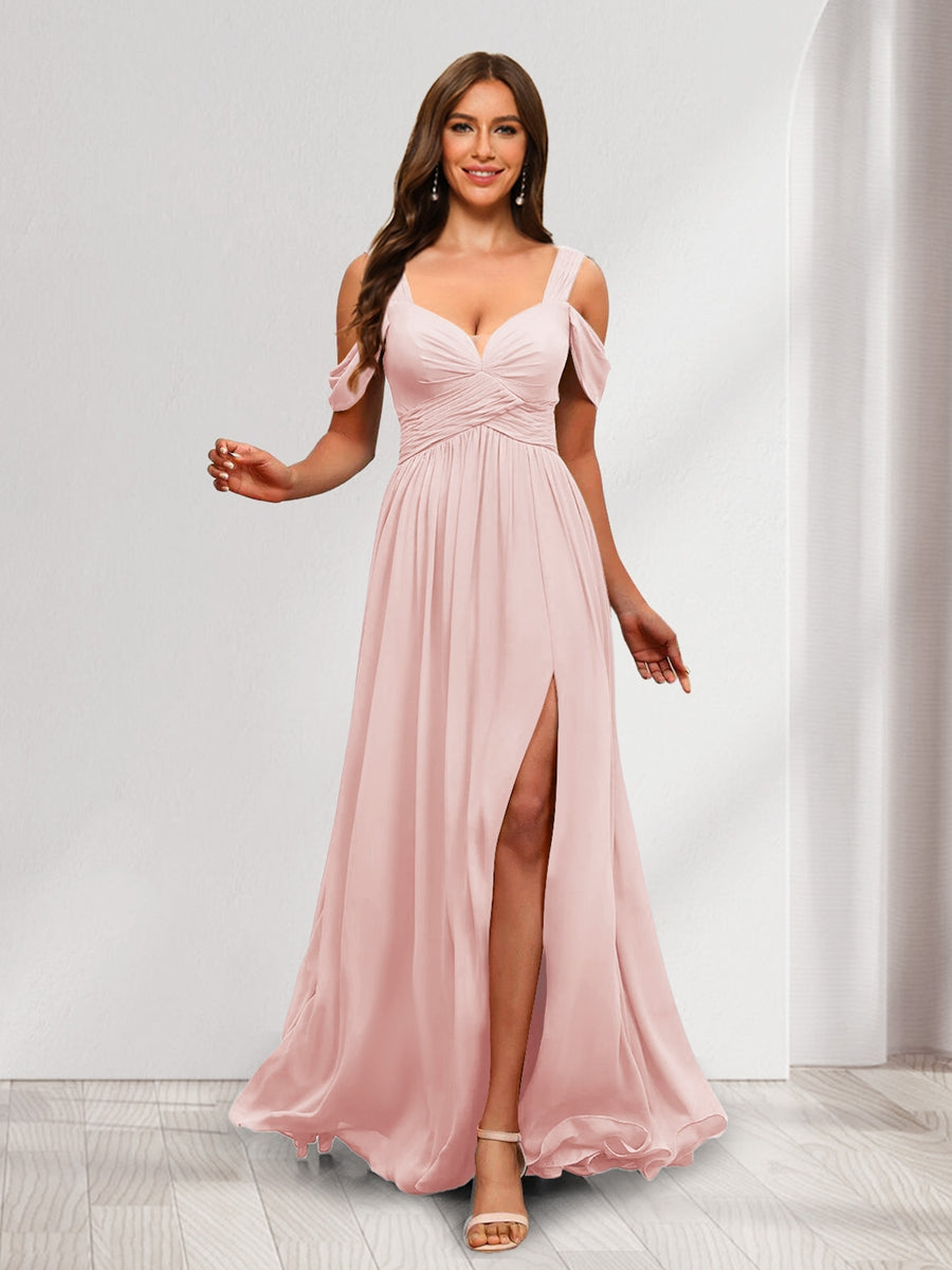 A Line Cold Shoulder Split Side Ruched Floor Length Chiffon Bridesmaid Dresses