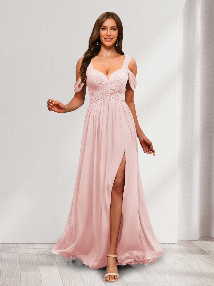 A Line Cold Shoulder Split Side Ruched Floor Length Chiffon Bridesmaid Dresses