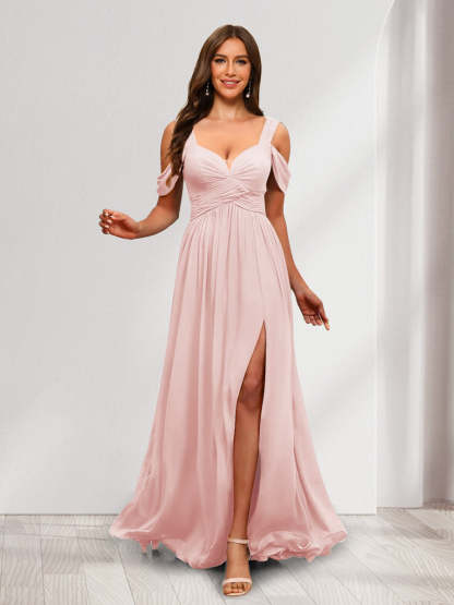 A Line Cold Shoulder Split Side Ruched Floor Length Chiffon Bridesmaid Dresses