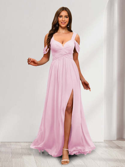 A Line Cold Shoulder Split Side Ruched Floor Length Chiffon Bridesmaid Dresses