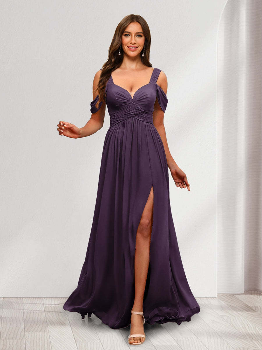 A Line Cold Shoulder Split Side Ruched Floor Length Chiffon Bridesmaid Dresses