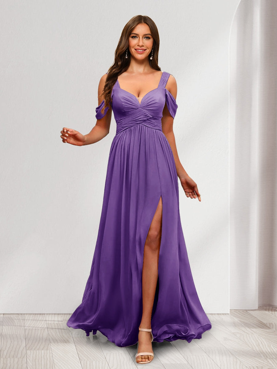 A Line Cold Shoulder Split Side Ruched Floor Length Chiffon Bridesmaid Dresses