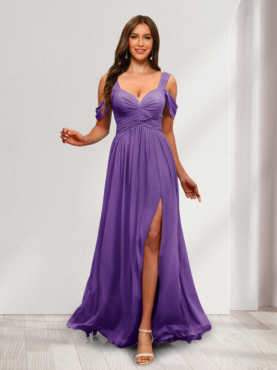 A Line Cold Shoulder Split Side Ruched Floor Length Chiffon Bridesmaid Dresses