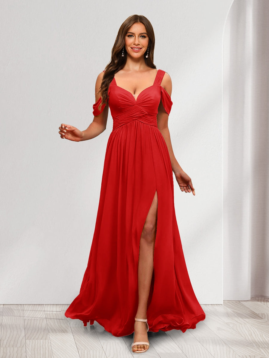 A Line Cold Shoulder Split Side Ruched Floor Length Chiffon Bridesmaid Dresses