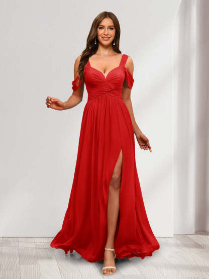 A Line Cold Shoulder Split Side Ruched Floor Length Chiffon Bridesmaid Dresses