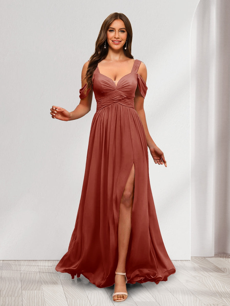 A Line Cold Shoulder Split Side Ruched Floor Length Chiffon Bridesmaid Dresses
