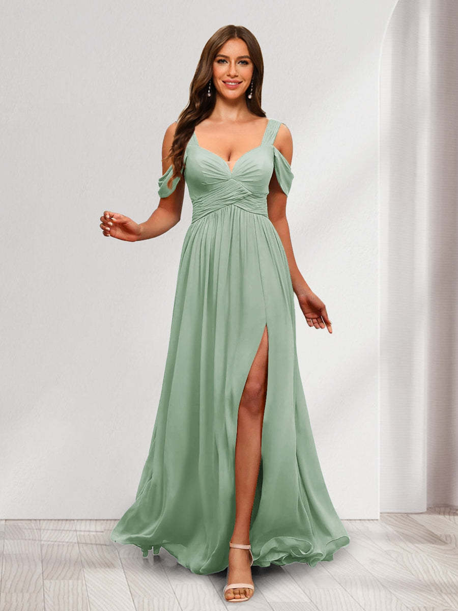 A Line Cold Shoulder Split Side Ruched Floor Length Chiffon Bridesmaid Dresses