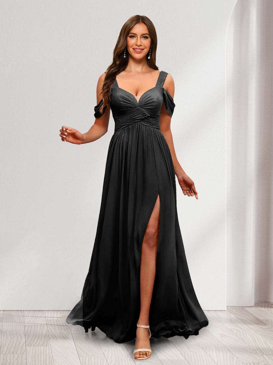A Line Cold Shoulder Split Side Ruched Floor Length Chiffon Bridesmaid Dresses
