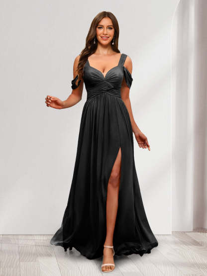 A Line Cold Shoulder Split Side Ruched Floor Length Chiffon Bridesmaid Dresses
