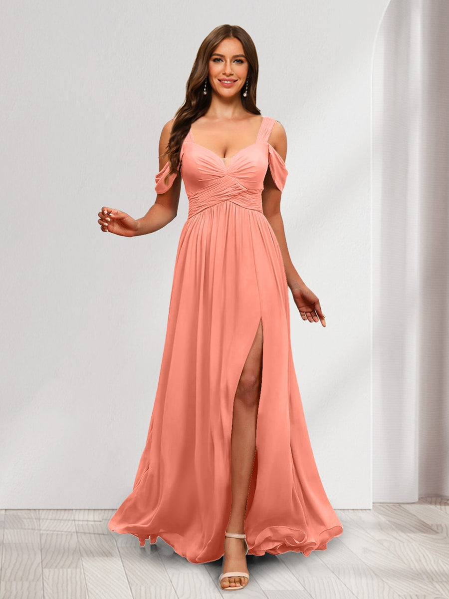 A Line Cold Shoulder Split Side Ruched Floor Length Chiffon Bridesmaid Dresses