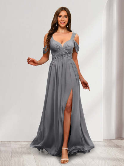 A Line Cold Shoulder Split Side Ruched Floor Length Chiffon Bridesmaid Dresses
