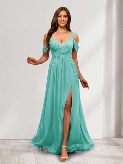 A Line Cold Shoulder Split Side Ruched Floor Length Chiffon Bridesmaid Dresses