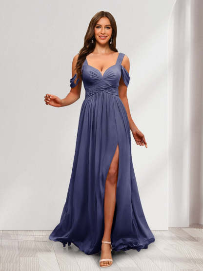 A Line Cold Shoulder Split Side Ruched Floor Length Chiffon Bridesmaid Dresses