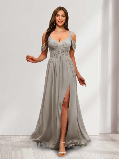 A Line Cold Shoulder Split Side Ruched Floor Length Chiffon Bridesmaid Dresses