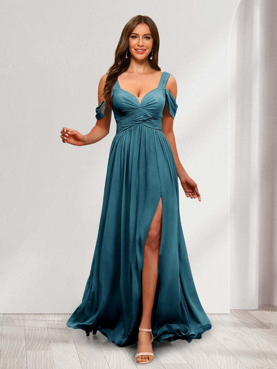 A Line Cold Shoulder Split Side Ruched Floor Length Chiffon Bridesmaid Dresses