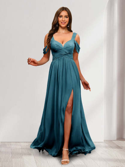A Line Cold Shoulder Split Side Ruched Floor Length Chiffon Bridesmaid Dresses