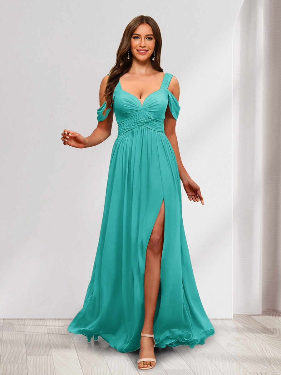 A Line Cold Shoulder Split Side Ruched Floor Length Chiffon Bridesmaid Dresses