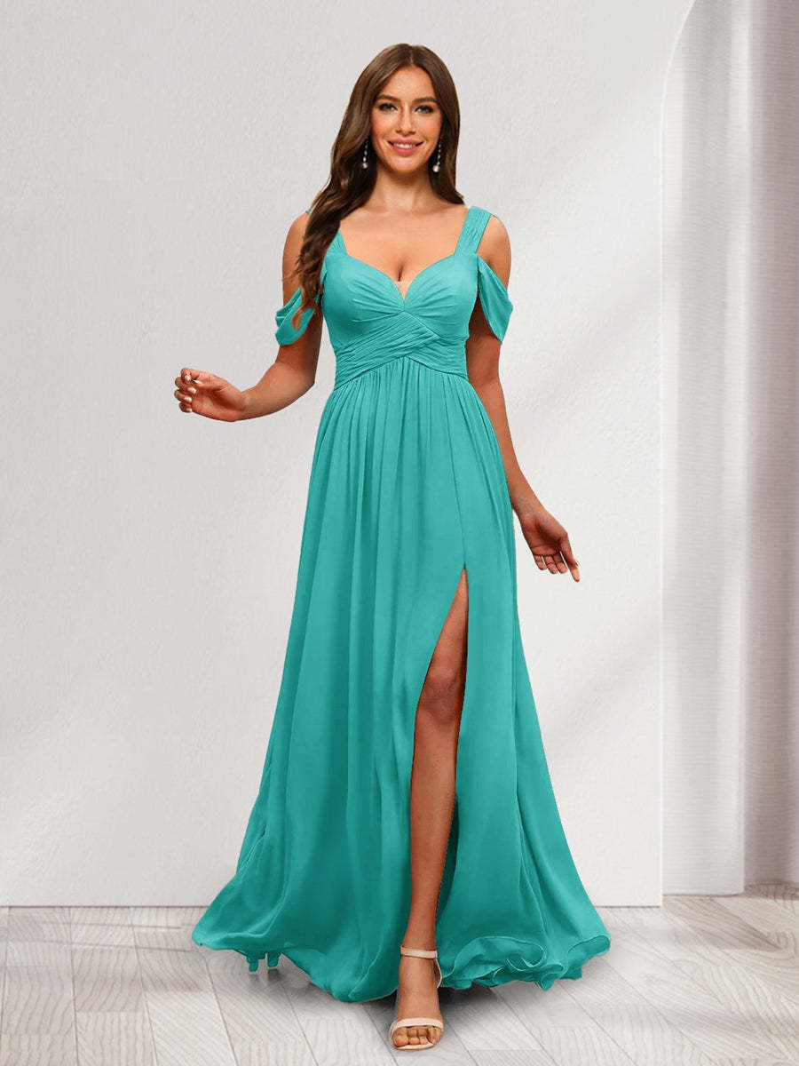 A Line Cold Shoulder Split Side Ruched Floor Length Chiffon Bridesmaid Dresses