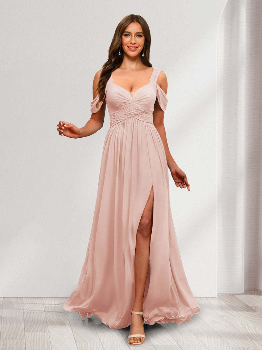 A Line Cold Shoulder Split Side Ruched Floor Length Chiffon Bridesmaid Dresses