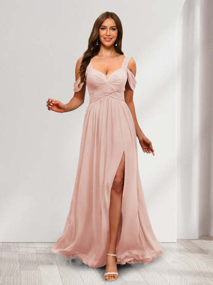 A Line Cold Shoulder Split Side Ruched Floor Length Chiffon Bridesmaid Dresses