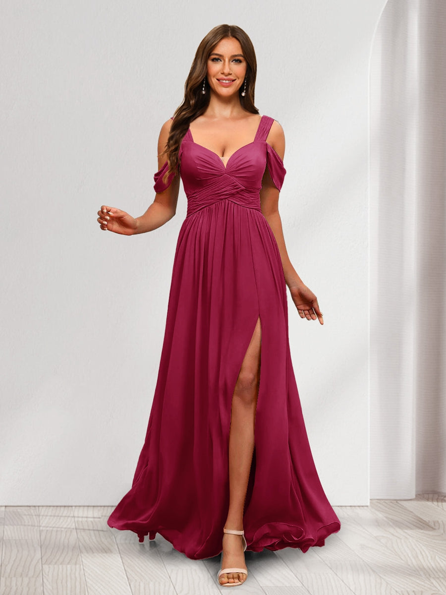 A Line Cold Shoulder Split Side Ruched Floor Length Chiffon Bridesmaid Dresses