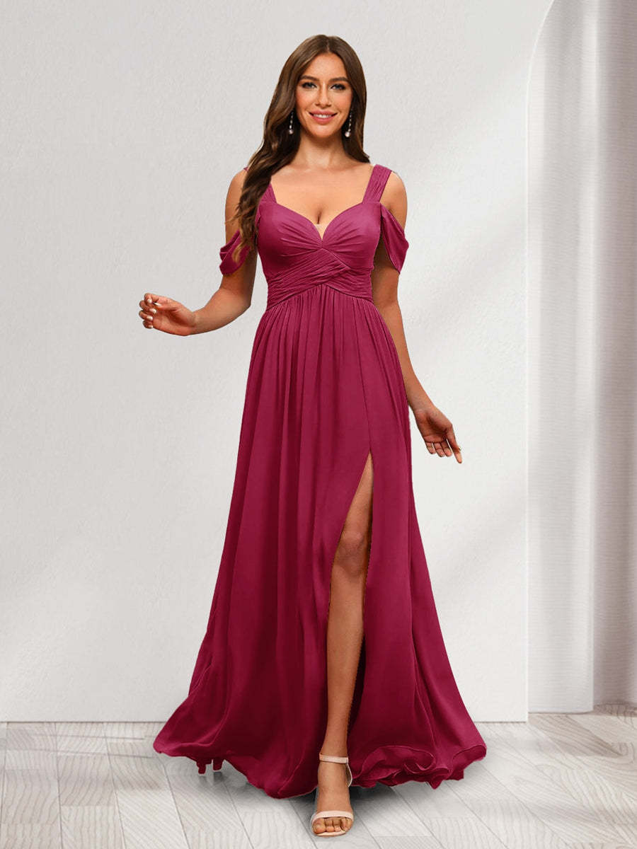 A Line Cold Shoulder Split Side Ruched Floor Length Chiffon Bridesmaid Dresses