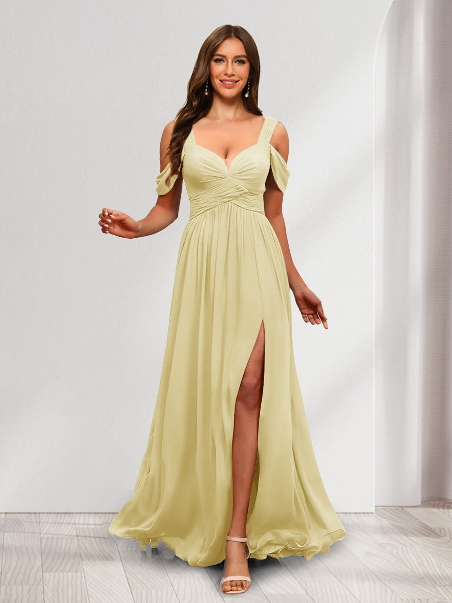 A Line Cold Shoulder Split Side Ruched Floor Length Chiffon Bridesmaid Dresses