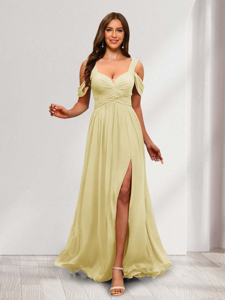 A Line Cold Shoulder Split Side Ruched Floor Length Chiffon Bridesmaid Dresses
