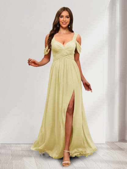 A Line Cold Shoulder Split Side Ruched Floor Length Chiffon Bridesmaid Dresses