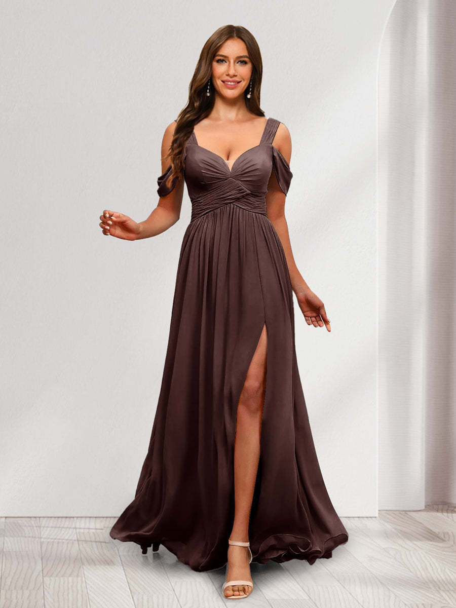 A Line Cold Shoulder Split Side Ruched Floor Length Chiffon Bridesmaid Dresses