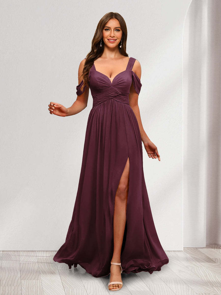 A Line Cold Shoulder Split Side Ruched Floor Length Chiffon Bridesmaid Dresses